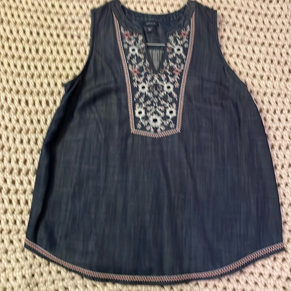 J. Jill Sleeveless denim tunic with embroidery at neck and lower hem.